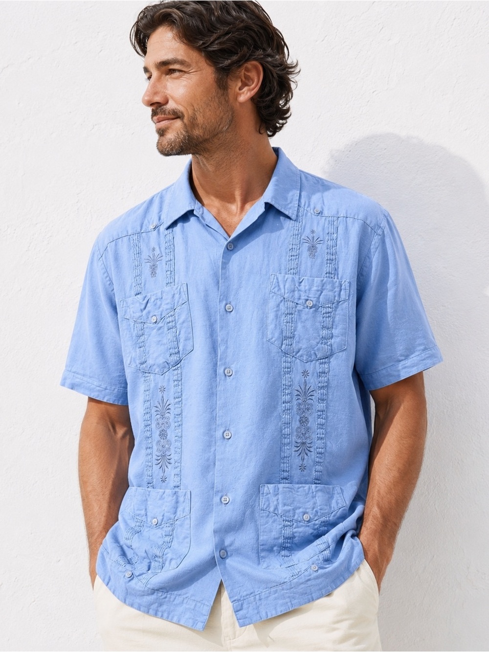 Havana linen rayon blend Blue guayabera Casual Button‎ Down Shirt XL